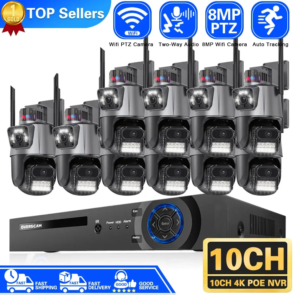 

8MP 4K Wifi Camera Dual Lens 10CH NVR Auto Tracking Waterproof Security CCTV Video Surveillance Police Light Alarm Camera System