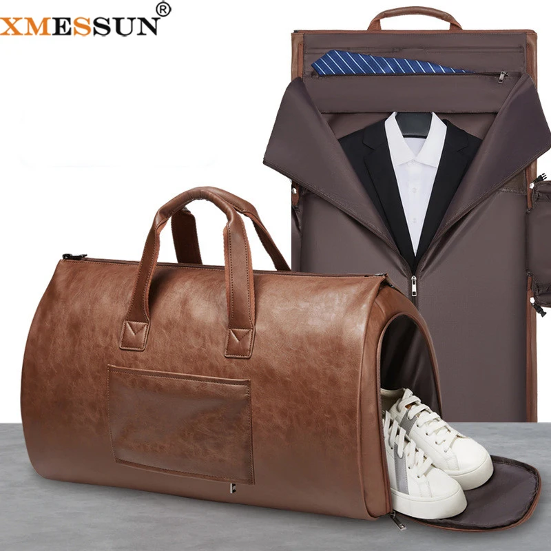 XMESSUN New Men's Portable Travel Bag Designer Brand PU Leather Large Capacity Luggage Folding Suit Bag Shoulder Crossbody Bag