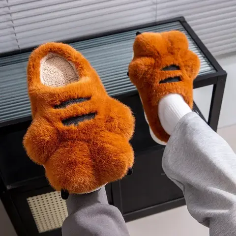 Cute Cartoon Fluffy Slippers for Women Men Winter Warm Soft Plush Big Paw Anti-slip Couples Indoor Home Non-slip Warm Slippers