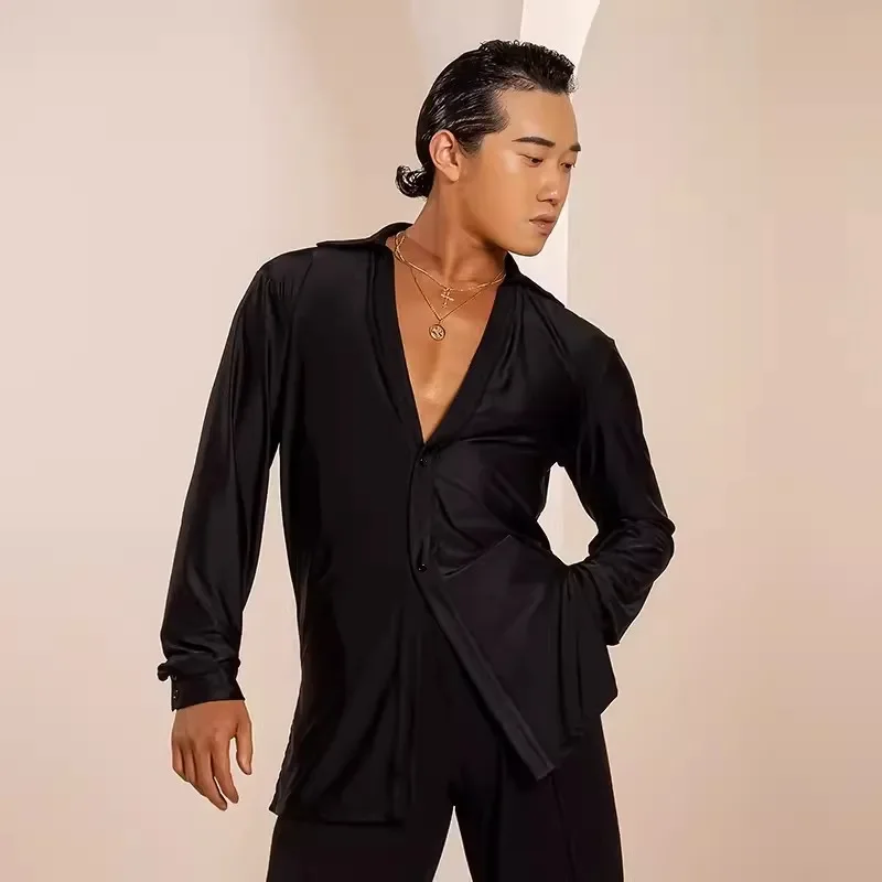 

Satin Latin Dance Shirt For Men Ballroom Dance Clothes Long Sleeves Practice Wear Adult Cha Cha Tango Salsa Dance Tops BL11194