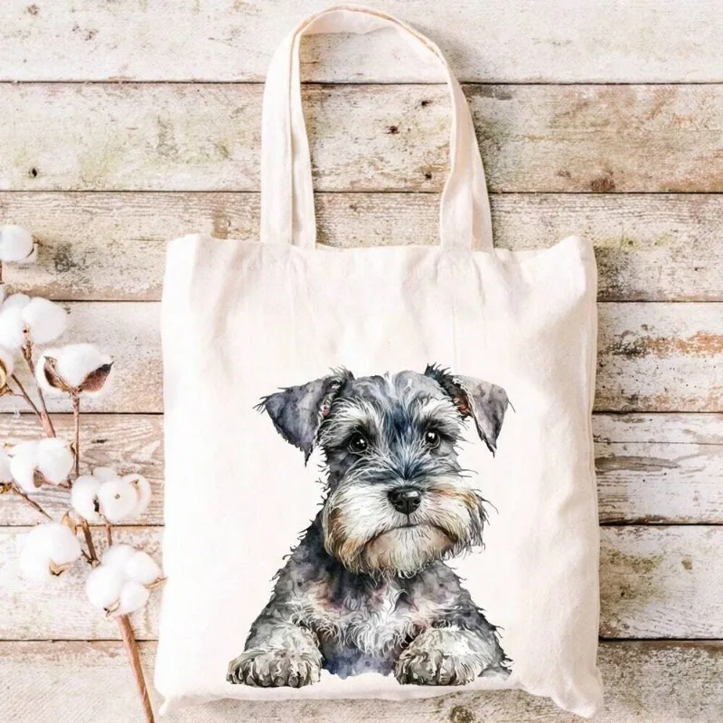 Cartoon Schnauzer Print White Canvas Tote Bag Large Capacity Shopping Bag Lightweight All-Match Versatile Reusable Shoulder Bag