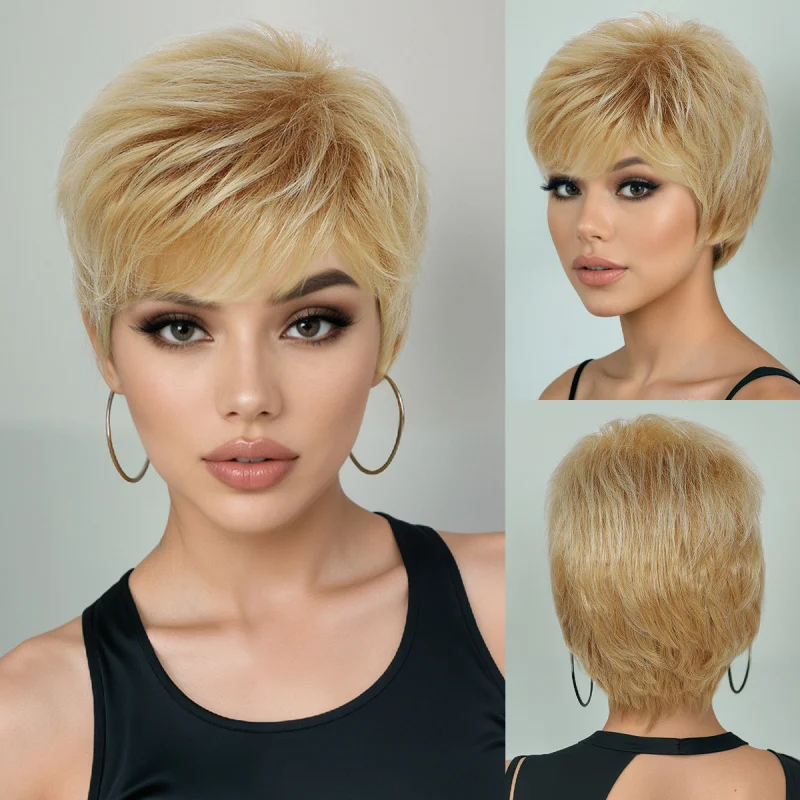 Synthetic fiber wig, new European American style, voluminous and stylish, golden color, women's fashionable short curly hair