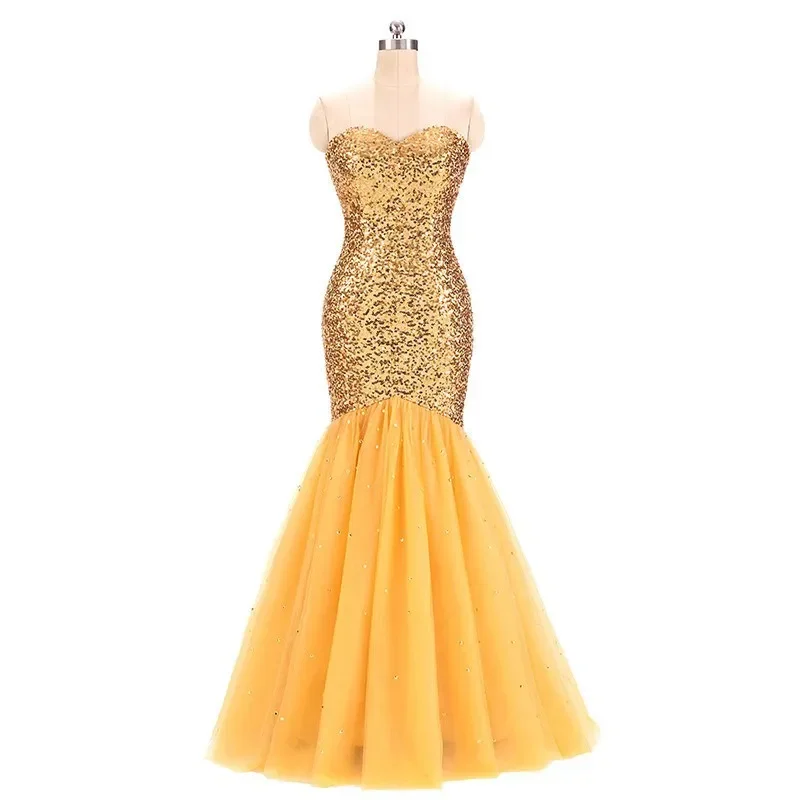 Si tratta di Yiiya Abito da sera personalizzato Paillettes dorate Senza spalline Sirena Robe De Soiree Pavimento-lunghezza Abito formale da donna V091