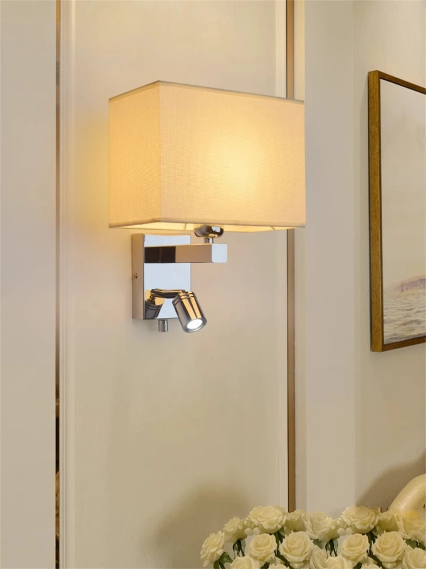 Modern bedroom square cloth cover wall lamps study reading lamp dimmable linen hotel room decorative sconces lights lighting