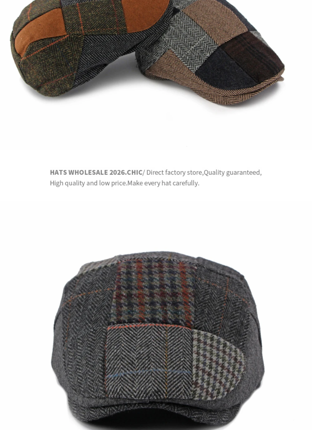 HT5157 Herren- und Damen-Baskenmütze, Retro-Patchwork-Künstlermütze, karierte Ivy-Flatcap, 2026 neue Herbst-Winter-Wollmütze – Detail 7