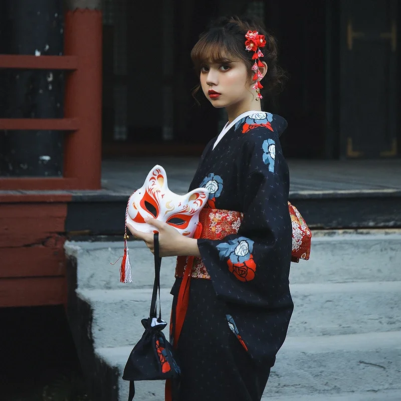 Black Color Japanese Women Traditional Kimono Festival Yukata Performance Dress Halloween Cosplay Costumes
