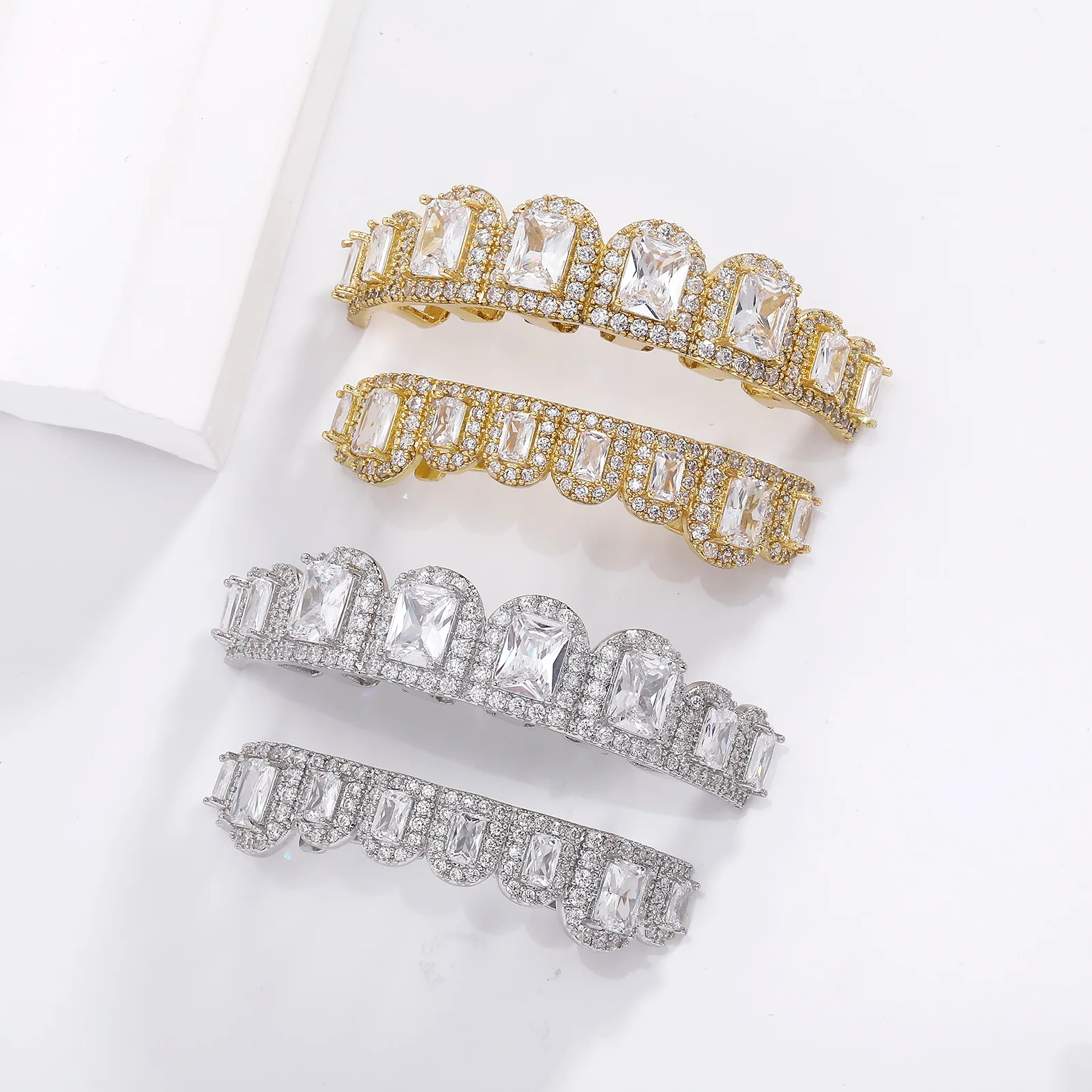 Gold Silver Plated Baguette Square CZ Grillz Iced Out Hip Hop Tooth Caps Halloween Cosplay Party Jewelry Set for Men Rapper