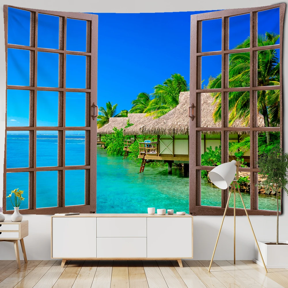3D Window Scenery Tapestry Wall Hanging Hippie Tapiz Art Boho Natural Simple Bedroom Dorm Home Decor