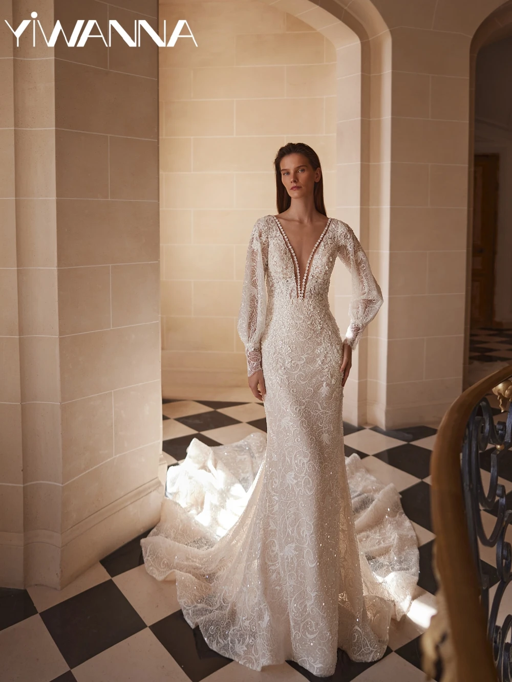 

Luxurious Beaded Lace Appliques Wedding Dress With Detachable Train Sexy V-neck Bridal Gown Customized Mermaid Dresses For Bride