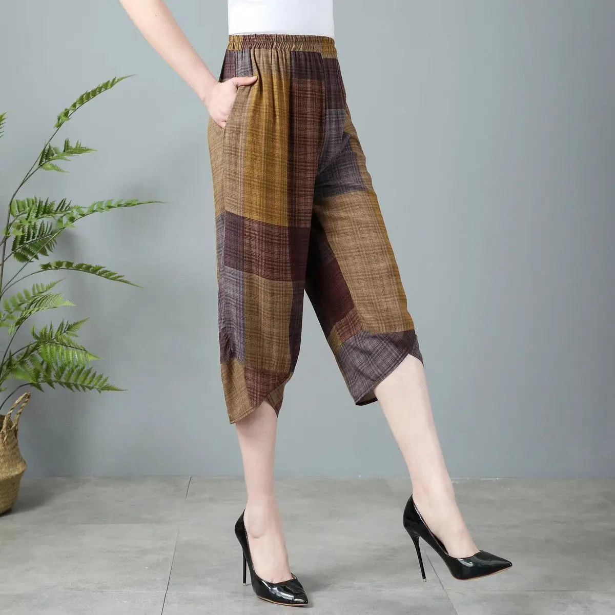 Summer Office Lady Pleated Multicolor Elastic Waist Calf-Length Pants Ladies Fashion Plaid Thin Loose Waist Wide Leg Pants New