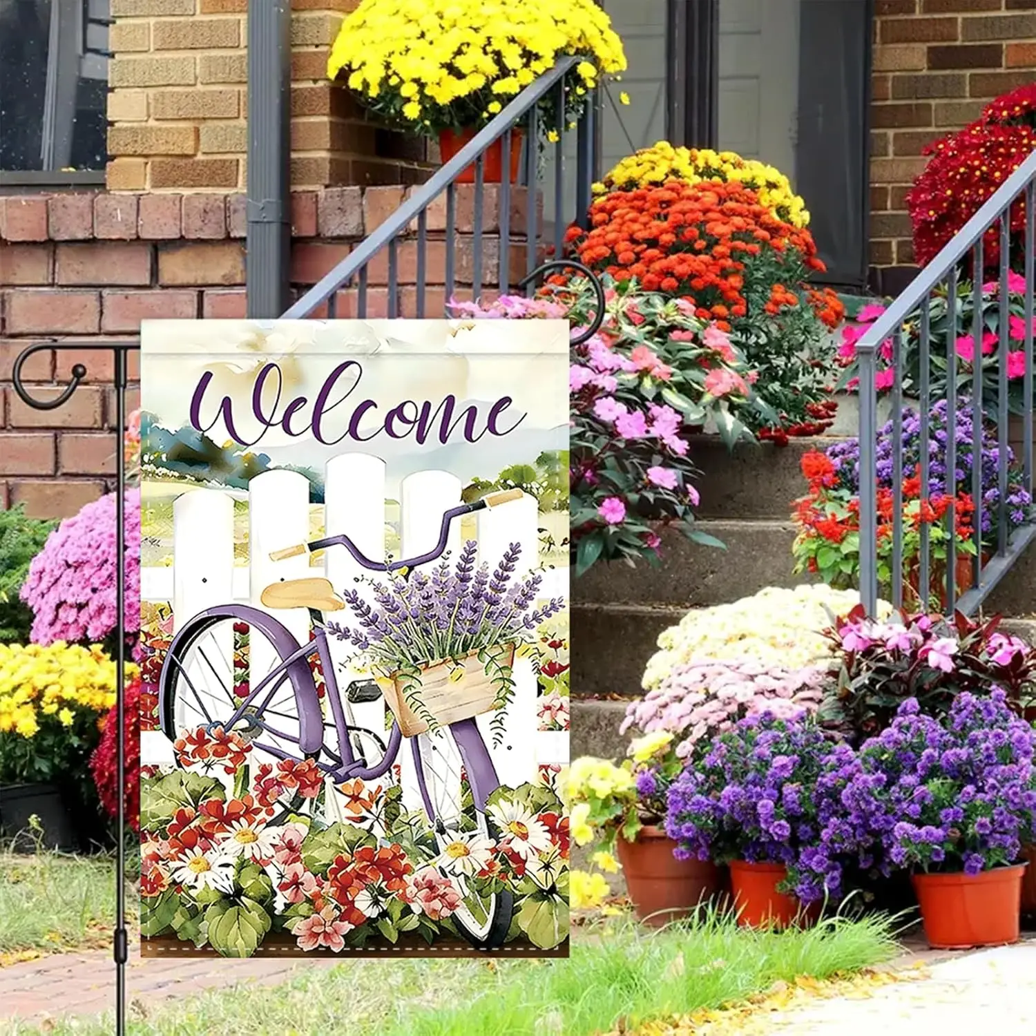 Welcome Spring Garden Flag 12x18 Inch Double Sided, Purple Bicycle with Lavender Floral Basket, Rustic White Picket Fence Ya AAS