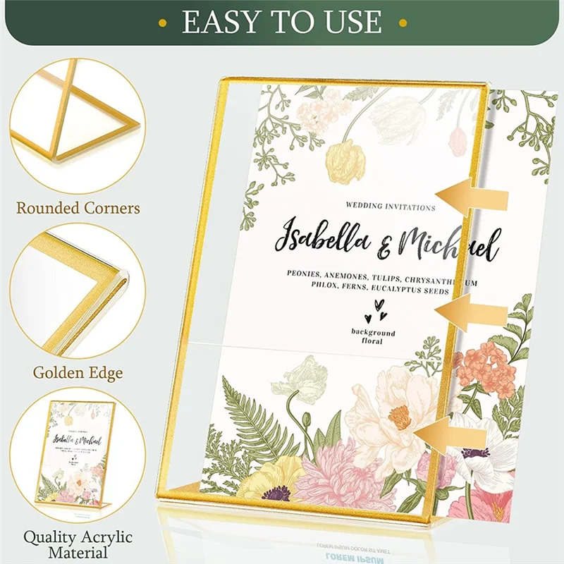 Abrb-moldura dourada acrílica, suporte de sinal de mesa com parte traseira inclinada para cartão de mesa de casamento, sinais de restaurante, fotos