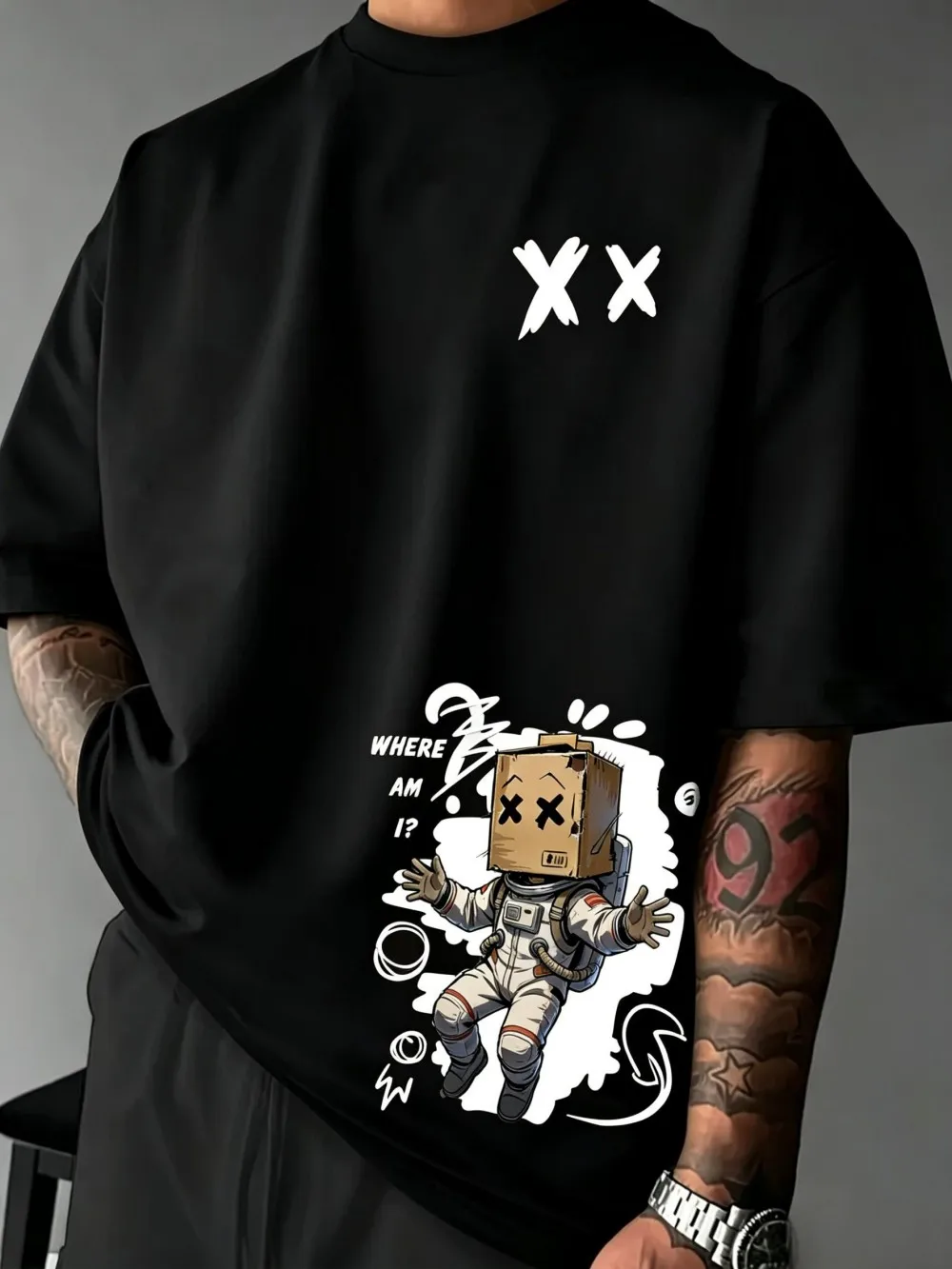 American men's creative cardboard box astronaut print micro elastic breathable round neck T-shirt outdoor street top