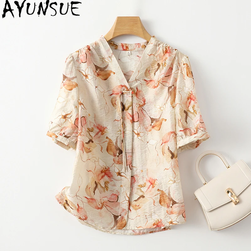 AYUNSUE 91% Natural Mulberry Silk Womens Shirts Retro Short Summer Clothes 2024 New Shirt Printing Women Blouse Топ Женский