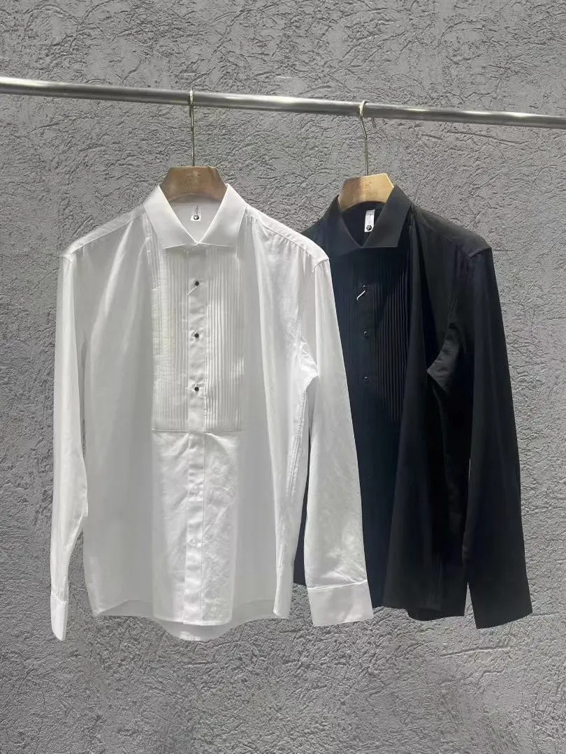 

New 2025 Men's Casual Long Sve irt Anti-Wrinkle Wedding Banquet White Accordion Pleat Iron-Free Stand Fit Gentleman S...