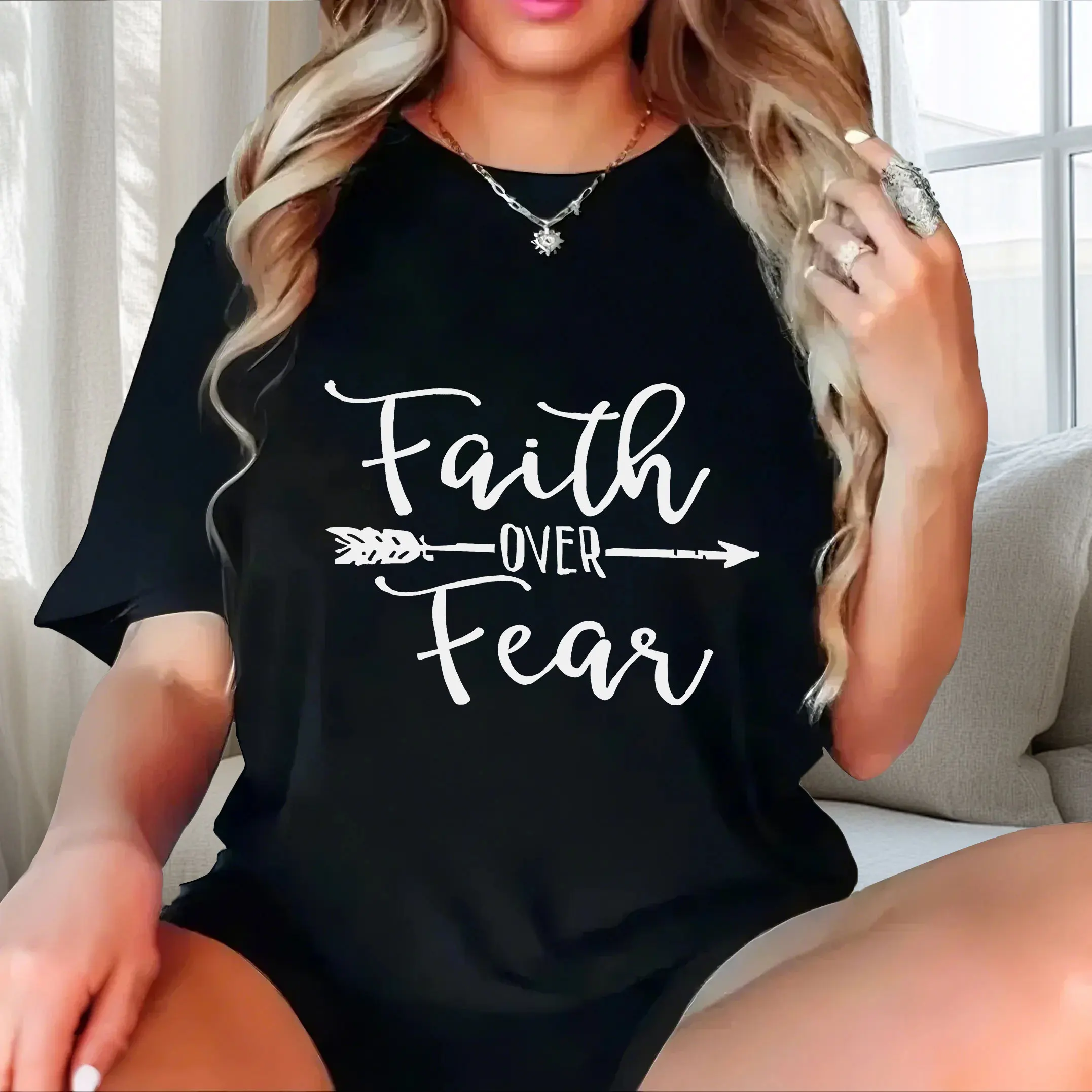 

Fashion English+bow and arrow elements plus size Ladies' casual short sleeved T-shirt black