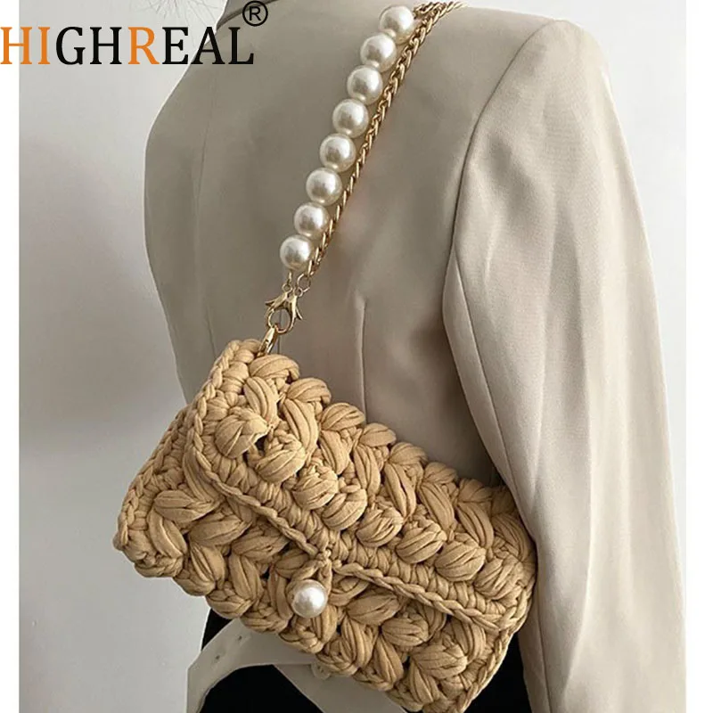 

Handmade Rope Crochet Women's Shoulder Bag Designer Knitting Crossbody Bags for Women Handbags Pearls Chains Sling Bag Tote