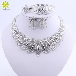 African Beads Jewelry Set Silver Color Wedding Jewelry Sets For Brides Crystal Necklace Earrings Costume Jewelry Set