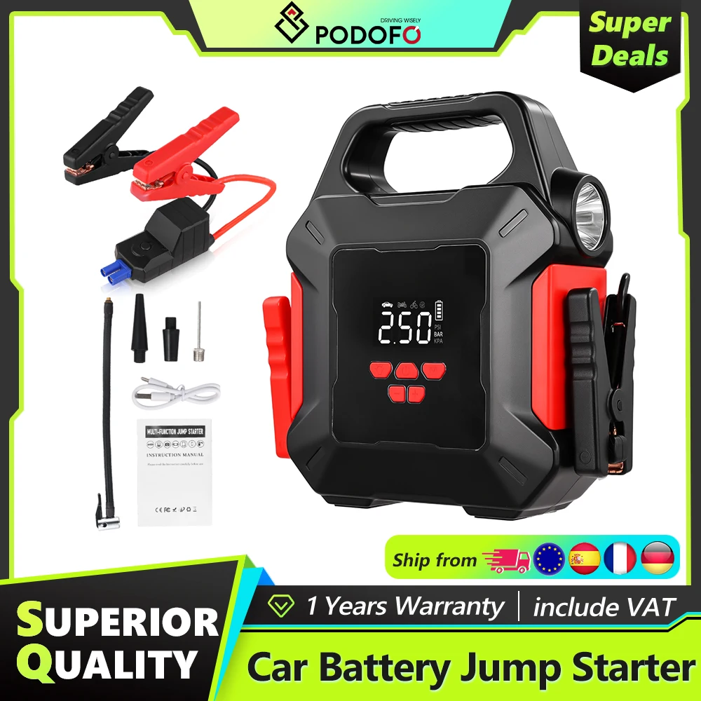 Podofo 16000mAh Auto-Starthilfe Powerbank 5-in-1 Reifenfüller Tragbarer Luftkompressor Auto-Batterie Notfall-Booster Tragbares Startgerät