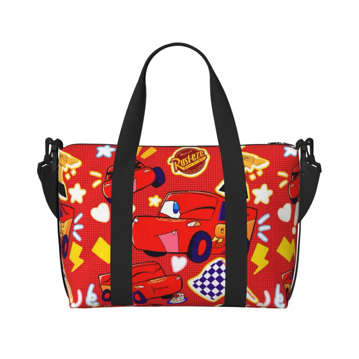

Custom Lightning Car M-McQueen Beach Tote Bag for Women Extra Large Gym Carry On Cartoon Travel Shopping Bags