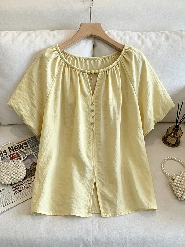 

plus Size Women's Summer 2026 Pure Color Short Sleeve Bubble Sleeve Versatile Ageless T-Shirt Korean Style Commute Fashion