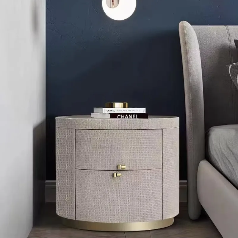 Italian minimalist all solid wood bedside table woven pattern light luxury oval rock slab high-end bedside table bedroom small