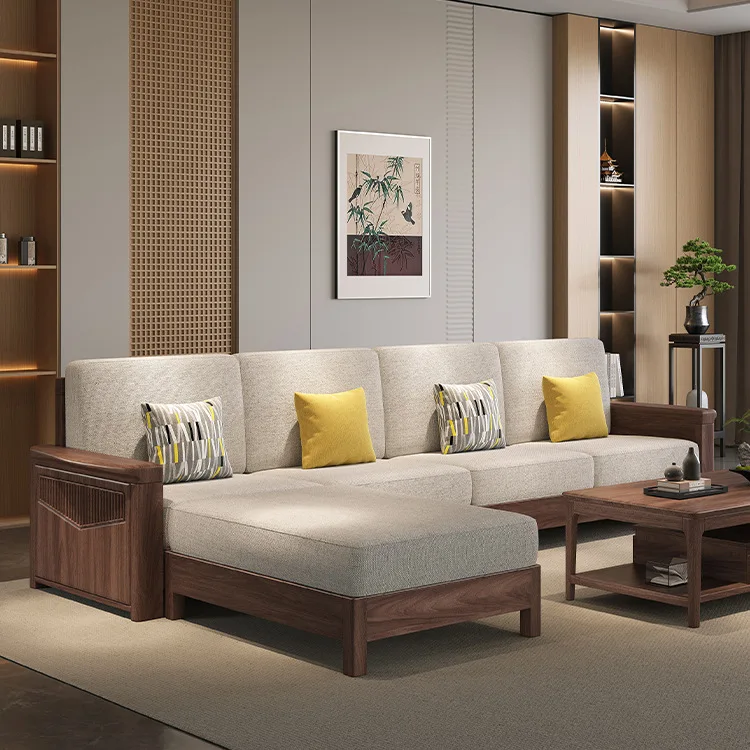 

Black walnut solid wood sofa combination modern simple small apartment winter and summer dual-purpose living room corner wooden