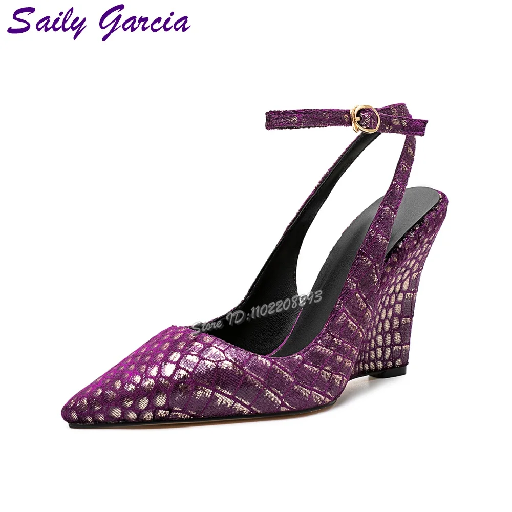 

Sexy Snake Pattern Wedges Pumps Shiny Pointed Toe Shallow Buckle Straps Super High Heels 2025 Summer Women's Fashion Party Shoes