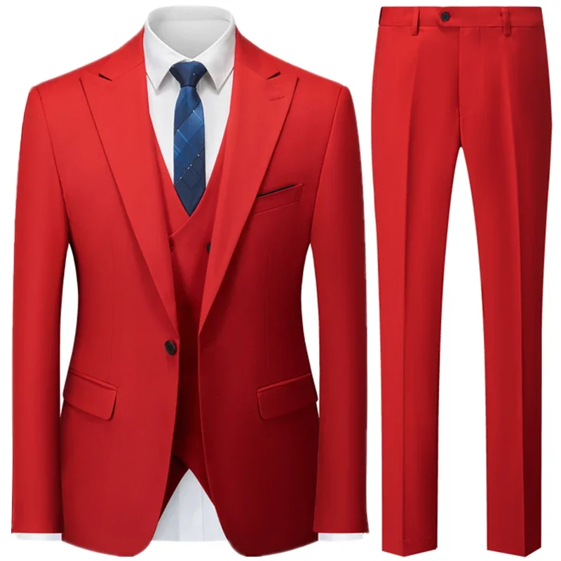 Homens Cor Sólida Terno de Negócios Conjuntos Casaco/2023 Masculino Cor Sólida Casual 3 Pcs Casamento Prom Vestido Blazers Jacket Vest Calças