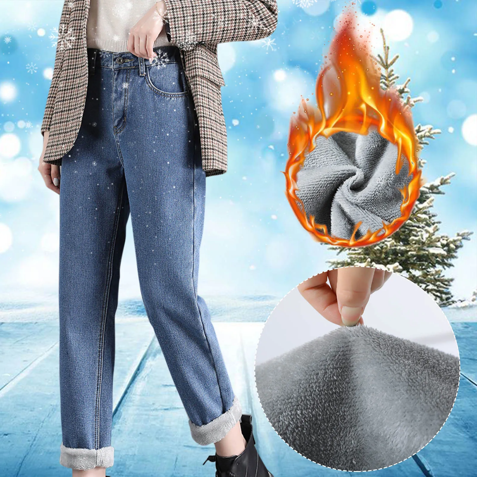 

New Women Thermal Jeans Winter Snow Warm Plush Stretch Jeans Lady Skinny Thicken Students Denim Pants Fleece Mom Fur Trousers