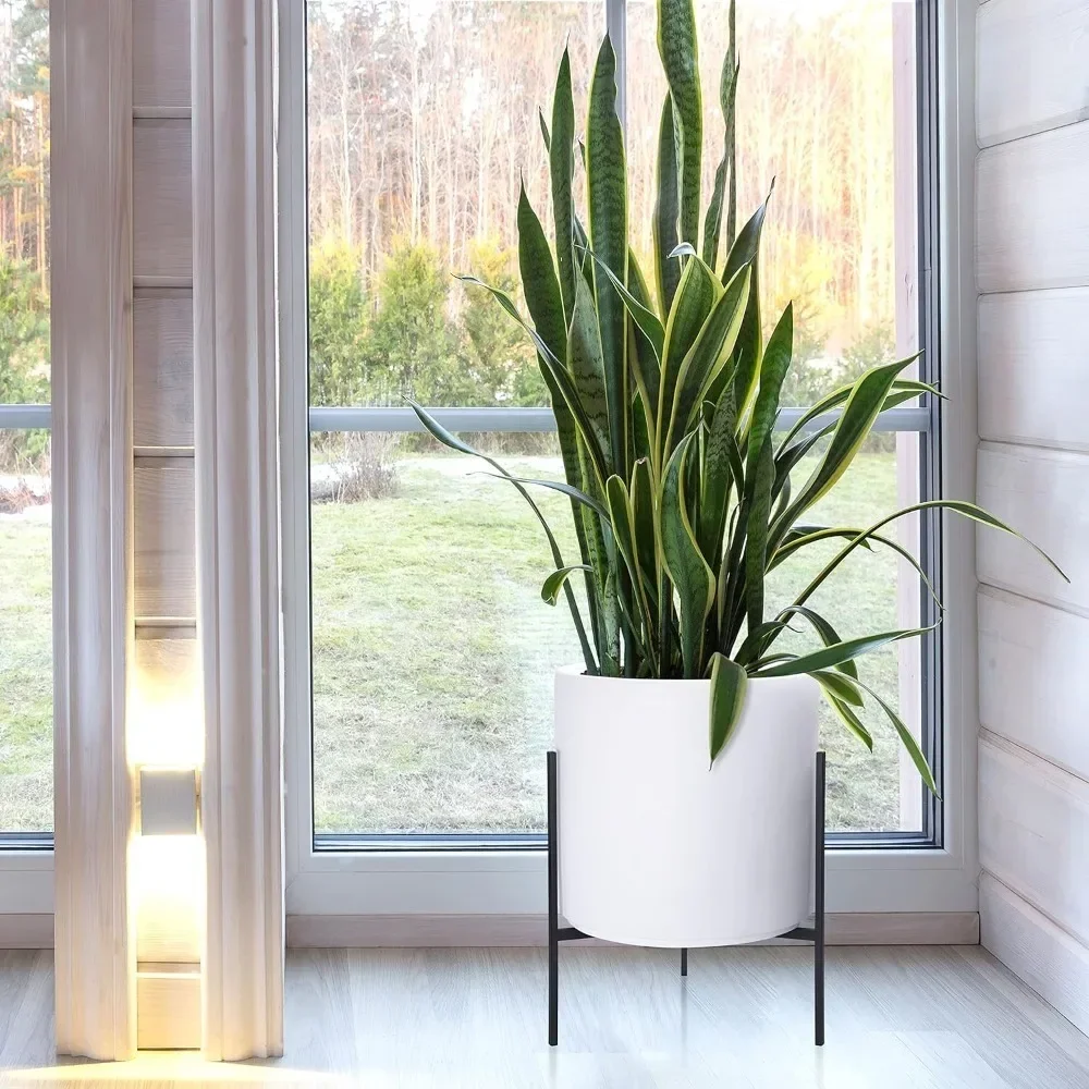 Plants Pot Cylinder Planter with Heavy Duty Stand, Large 14 Inch Pot, 21 Inch with Stand Height, Modern White Plants Pot