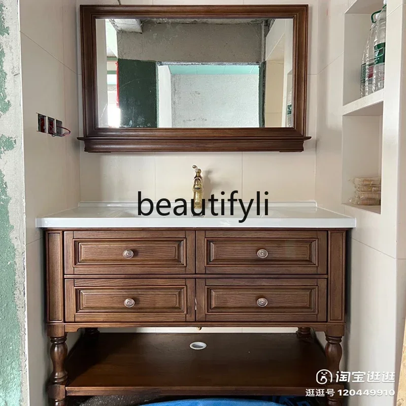 

ls 42American solid wood bathroom cabinet combination oak floor-to-ceiling bathroom cabinet washstand hand washbasin