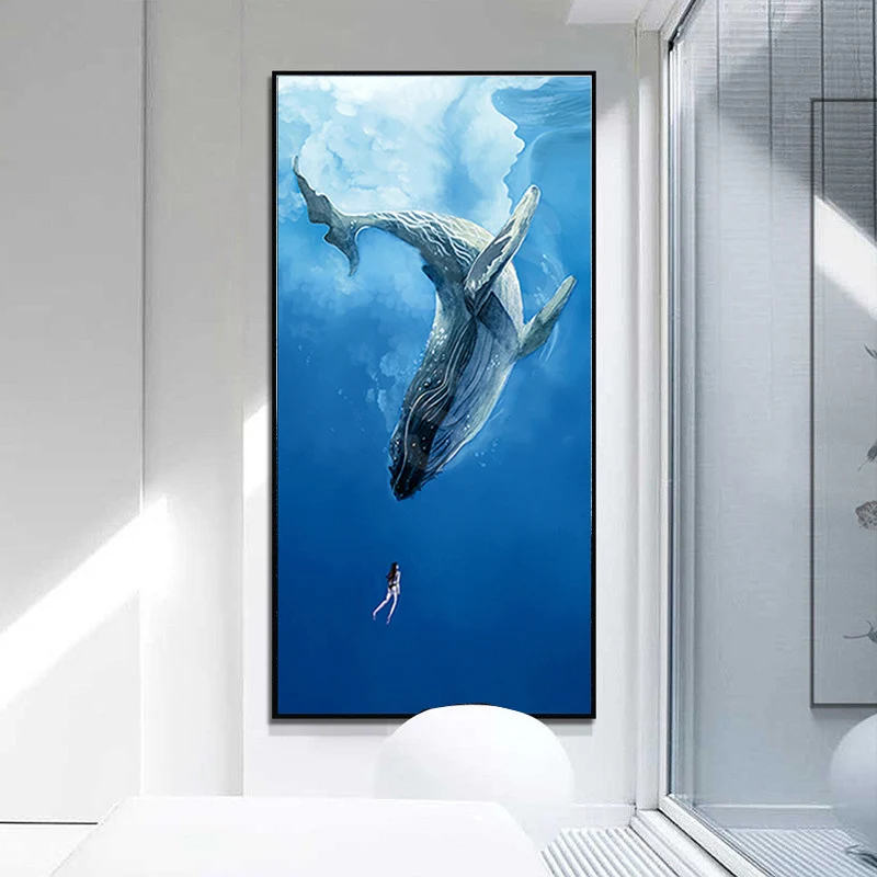 Full Round Diamond Painting Modern Wall Art Canvas Animal Ocean Fish Whale And Girl Painting Wall Picture For Living Room Decor