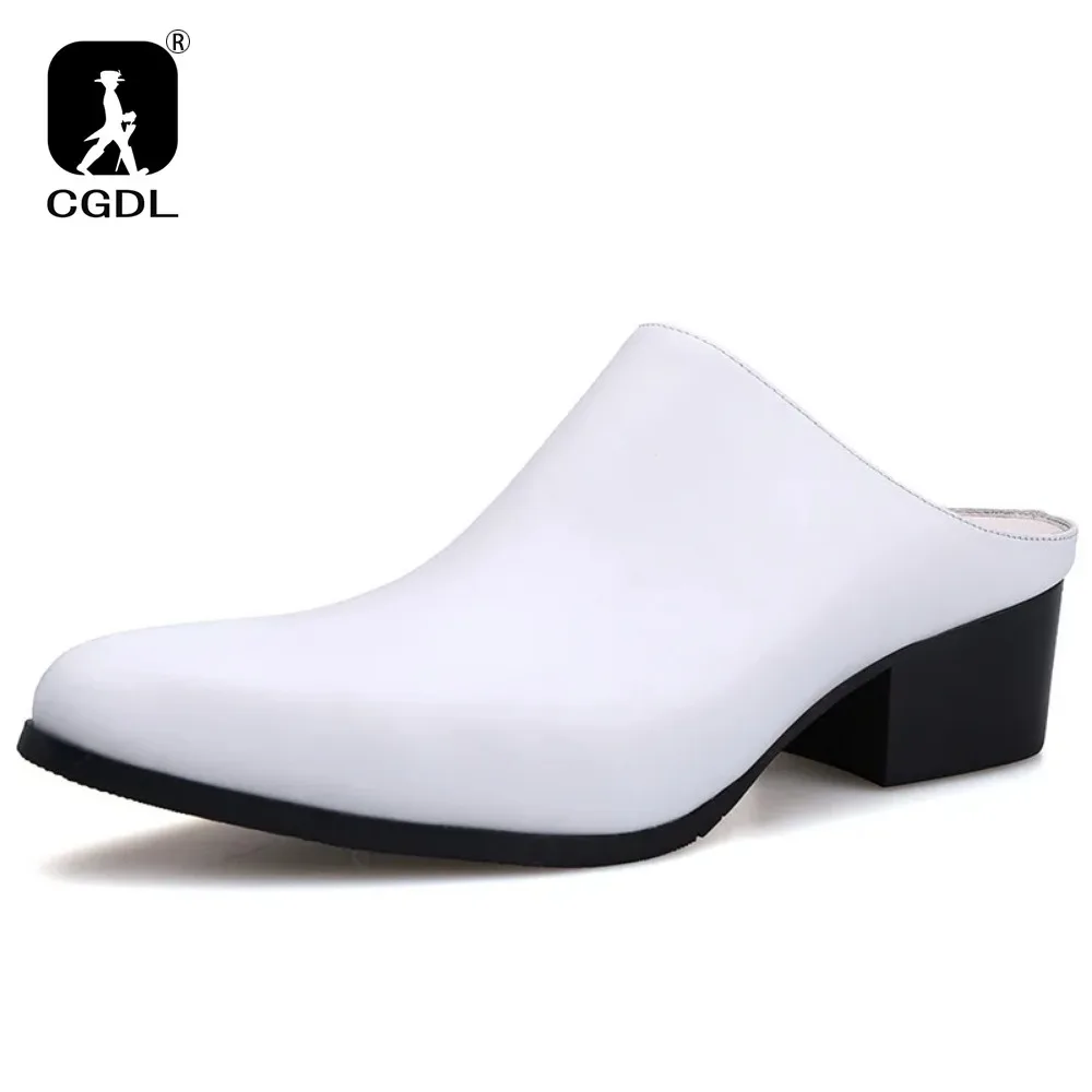 Mens Half Slippers 5CM High Heels Shoes Black Blue White Summer Office Sandals Genuine Leather Pointed Toe 2024 Fashion Slides