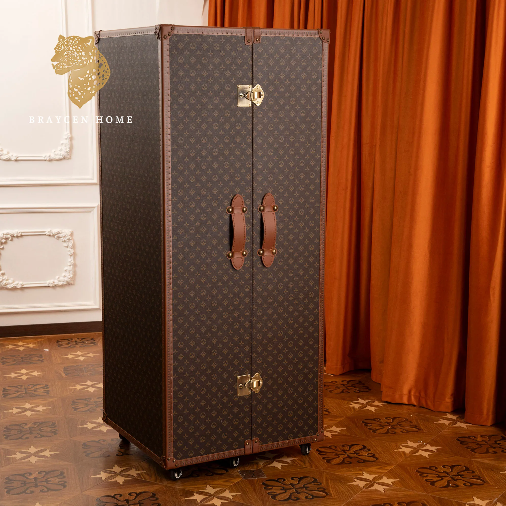 

Wine Cabinet Wood Tall Full Top Grain Leather 2doors Living Room Whisky Display Cabinet For Hotel VIP Room Villa House