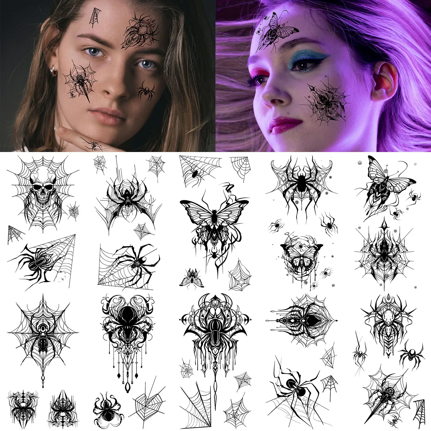 10 Black Spider Tattoo Stickers, Spider Web and Skull Designs, Realistic Temporary Tattoo Stickers for Halloween Parties, Face, Body, and Arm Makeup