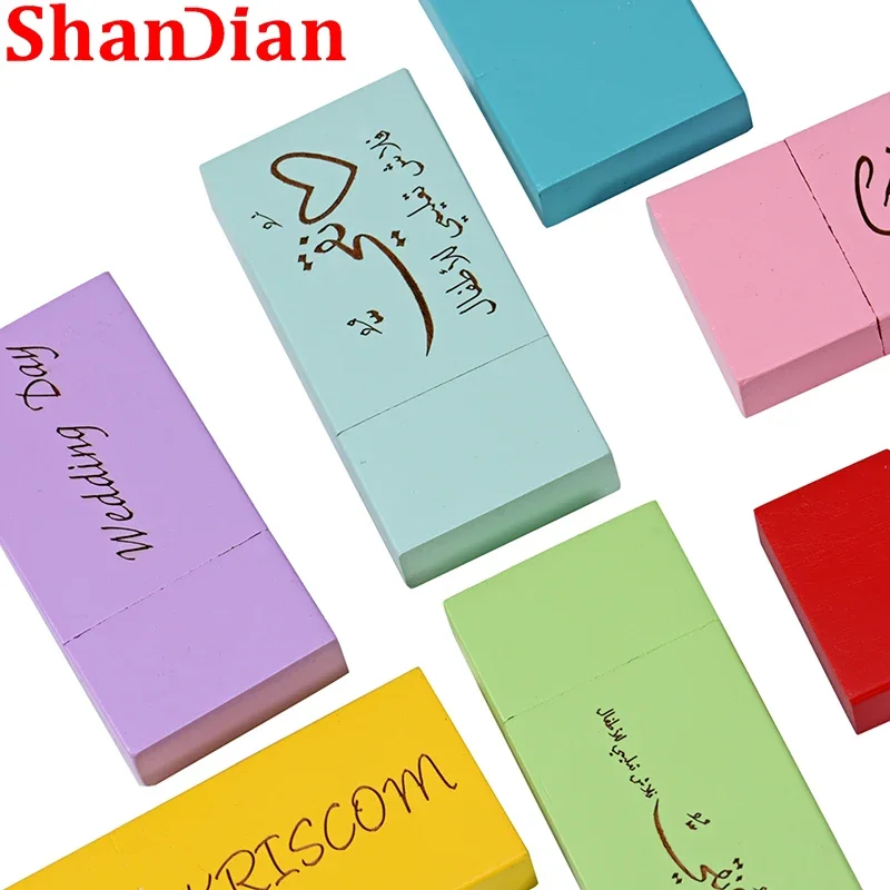 다채로운 나무 USB 플래시 드라이브, 무료 사용자 정의 로고 메모리 스틱, 64GB 100% 실제 용량 펜 드라이브, 128GB, 32GB, 16GB, 창의적인 선물