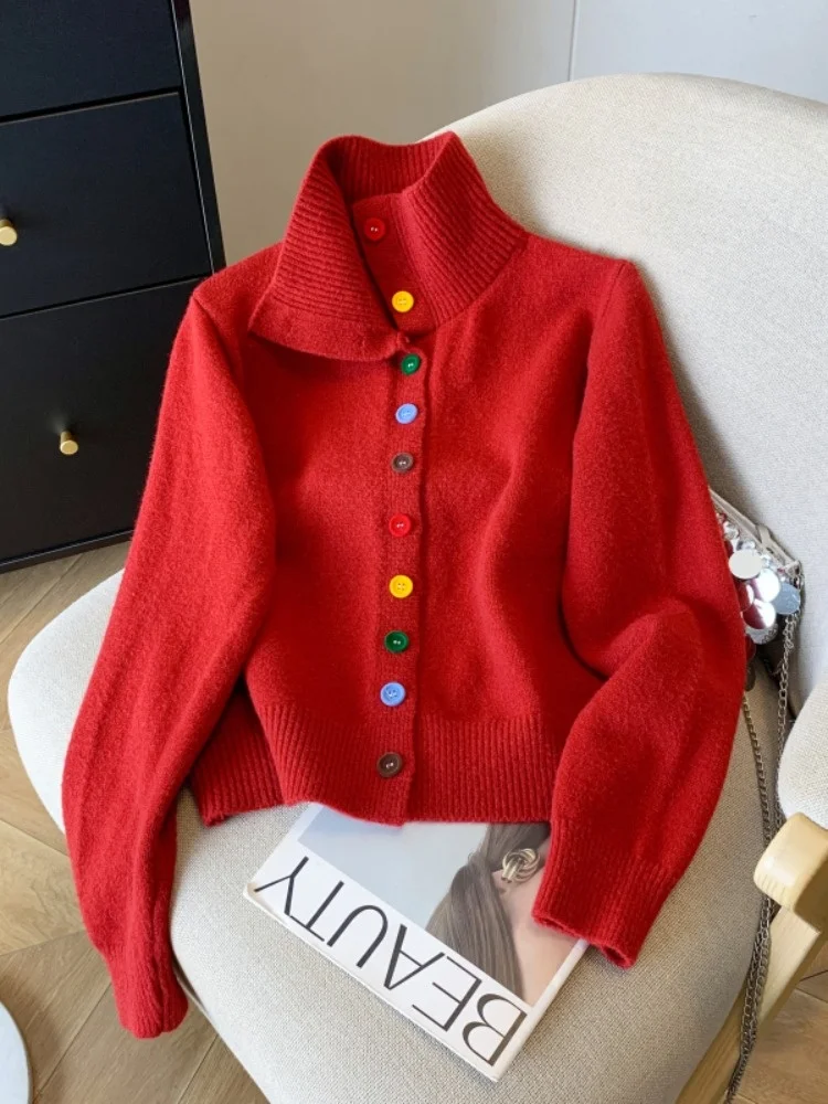 Sweet Sle Thiened Knitted High Collar Open Cardigan Sweater Women's Loose Fit Autumn Winter Warm Top Button Design