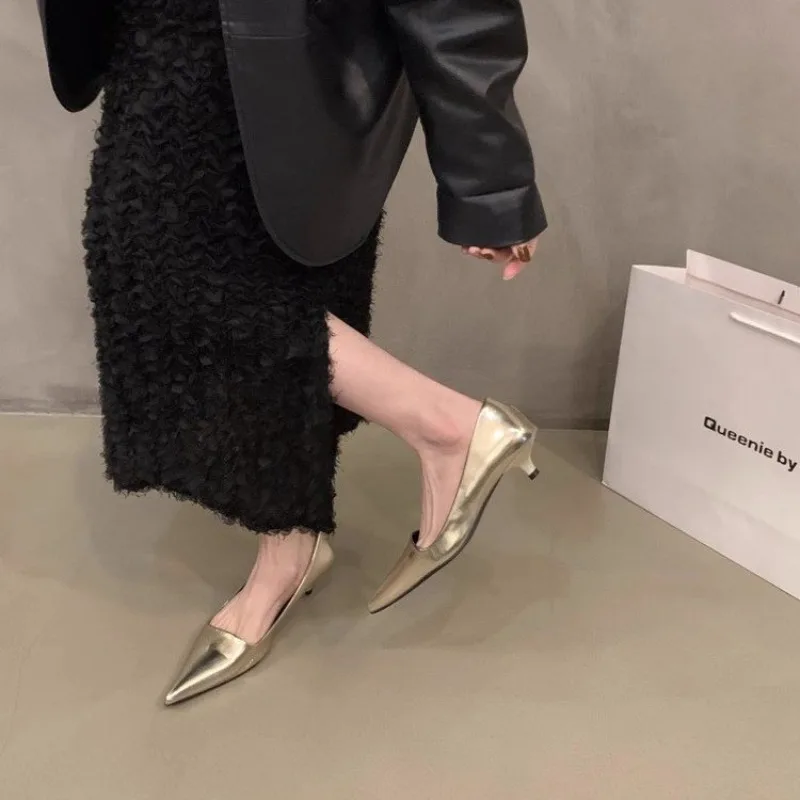 2024 New Women Low Kitten Heel Single Shoes,Fashion Low Heels,Out Slip on,35-39,Black,Gold,Silver, womens shoes gold heels