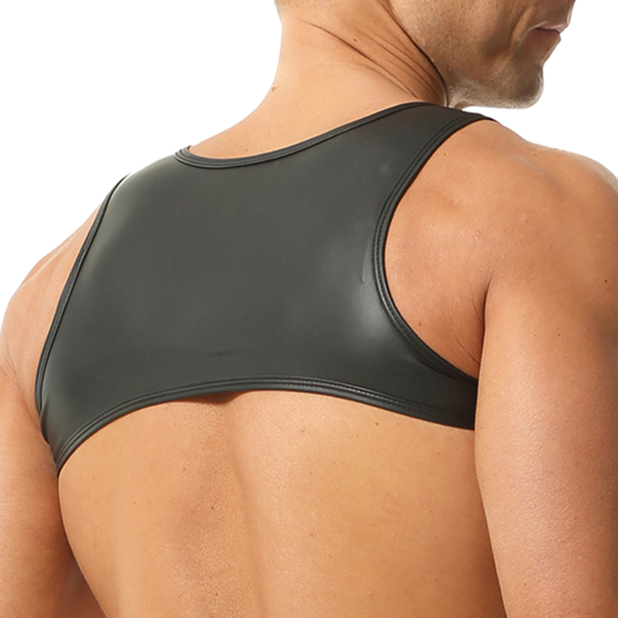 

Men Sleeveless Undershirts Crop Tops Chest Harness Belts Erotic Gay Lingerie Mini Vests Sexy Black Faux Leather Tanks Club Wear