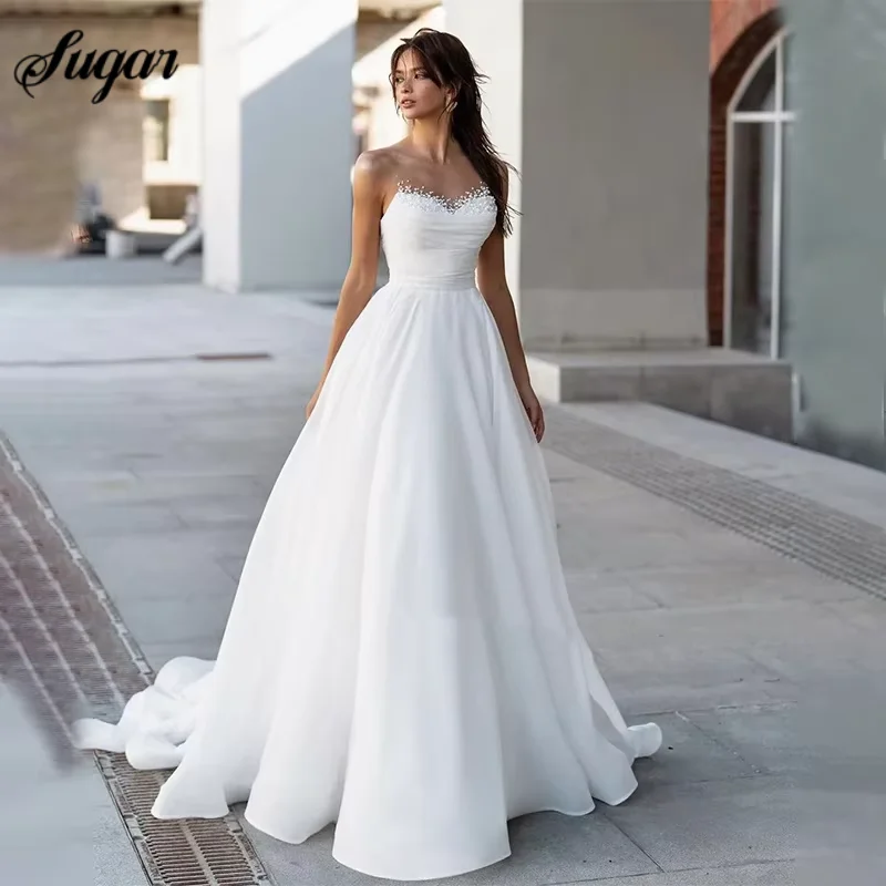 

Customized Sweetheart Neckline Boho Wedding Dresses High Slit Appliques Sleeveless A-Line Boho Bridal Gown Robe De Soire