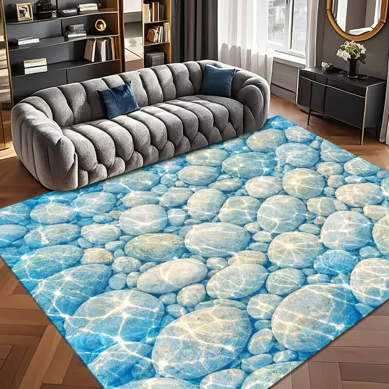 Underwater Transparent Pebble Stone Area Rug Non Slip Floor Mat Realistic Blue Water Rock Texture Print Soft Carpet
