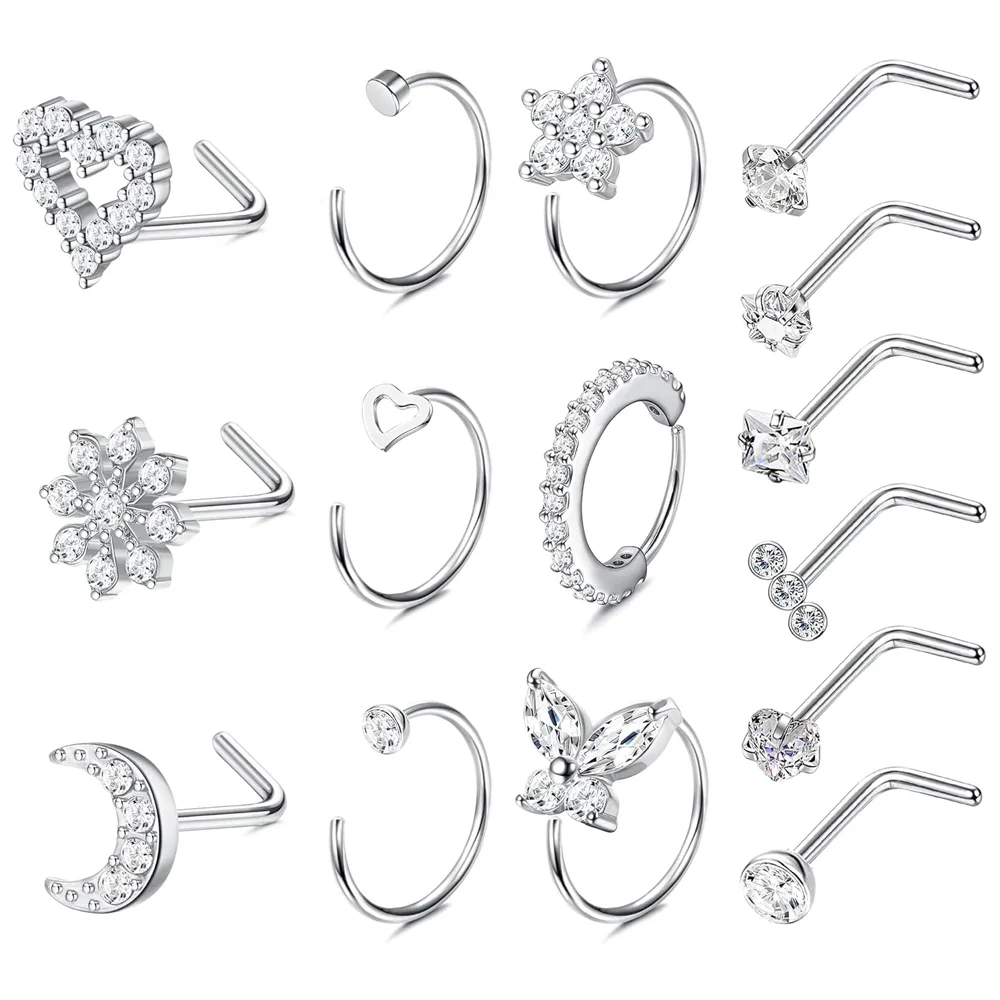 FINREZIO 1Pc Nose Studs Rings for Women Surgical Steel Nose Ring Hoops Heart CZ Flower L Shaped Nose Ring Stud Piercing Jewelry