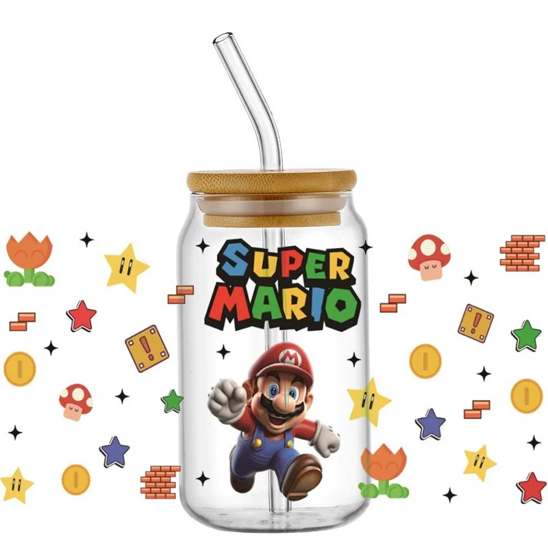 Mario UV DTF cangkir bungkus stiker tahan air lucu Mario stiker untuk 16 OZ cangkir kaca bungkus stiker