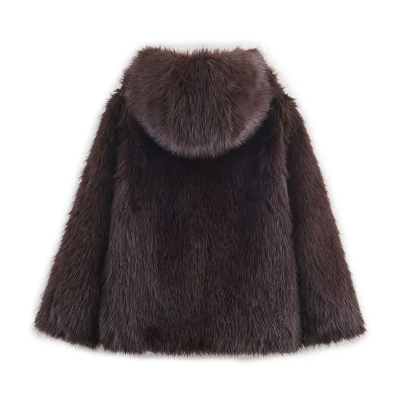 Women Fur Jacket 2025 Women New Long Sleeve Button High Street Hooded Short Fur Jacket Lady Autumn Fashion Leisure Outerwear