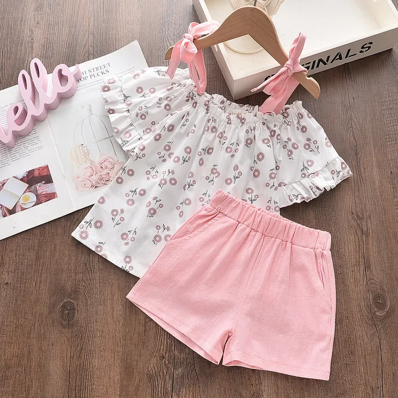 Summer Casual Girls Clothing Sets Kids Clothing Sets Sleeveless Floral T-shirt + Shorts Pants 2Pcs Suit Bow Children Girl Suit