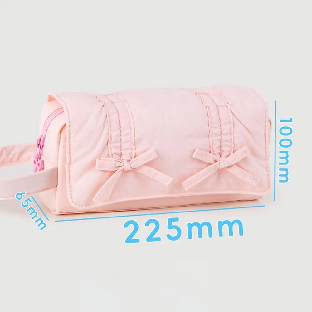 Portable Sweet Pencil Case Three Layers Bow Pencil Pouch Canvas Large Capacity Stationery Storage Bag School