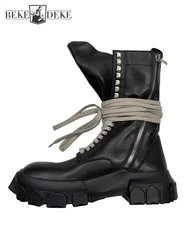 Designer Mens High Top Knight Boots Lace Up Thick Platform Cowhide Genuine Leather Motorcycle Boots Vintage Safety Shoes