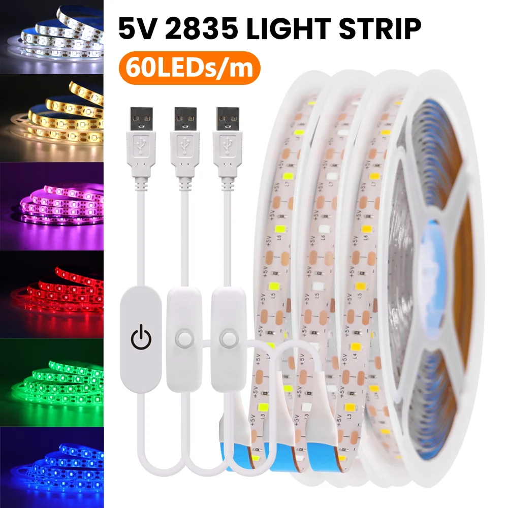 スイッチ付きUSB LEDストリップライト,防水照明リボン,テレビバックライト,家の装飾用,1m, 5v,2835, 1m, 2m, 3m, 5m