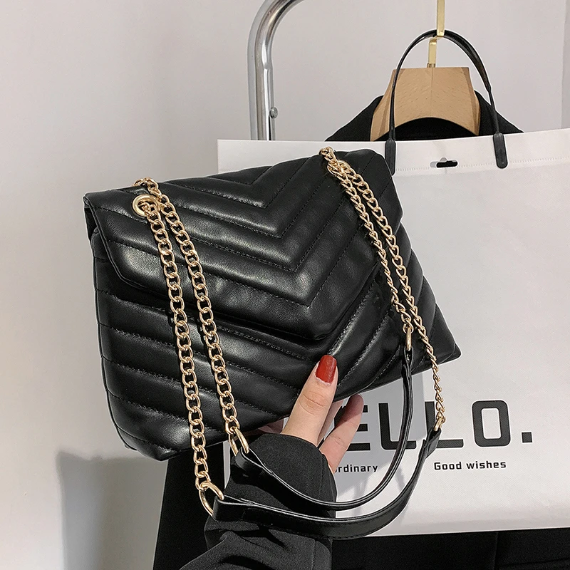 

Сумки через плечо из искусственной кожи с вышивкой нитью для женщин, 2025, женские брендовые трендовые сумки на плечо, клатч с цепочкой, черный цвет